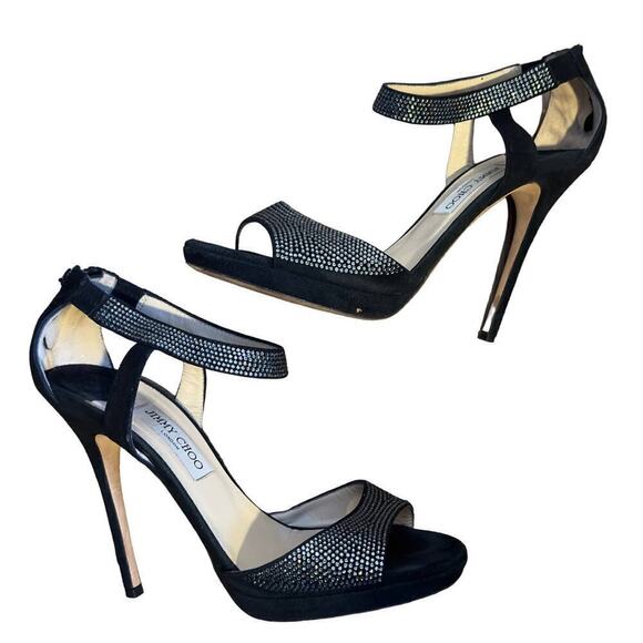 Jimmy Choo Suede Crystal Saeda 100 Sandals 38.5 Black  Jimmy Choo Crystal-Embellished Black Suede Heels | Size 11| Evening